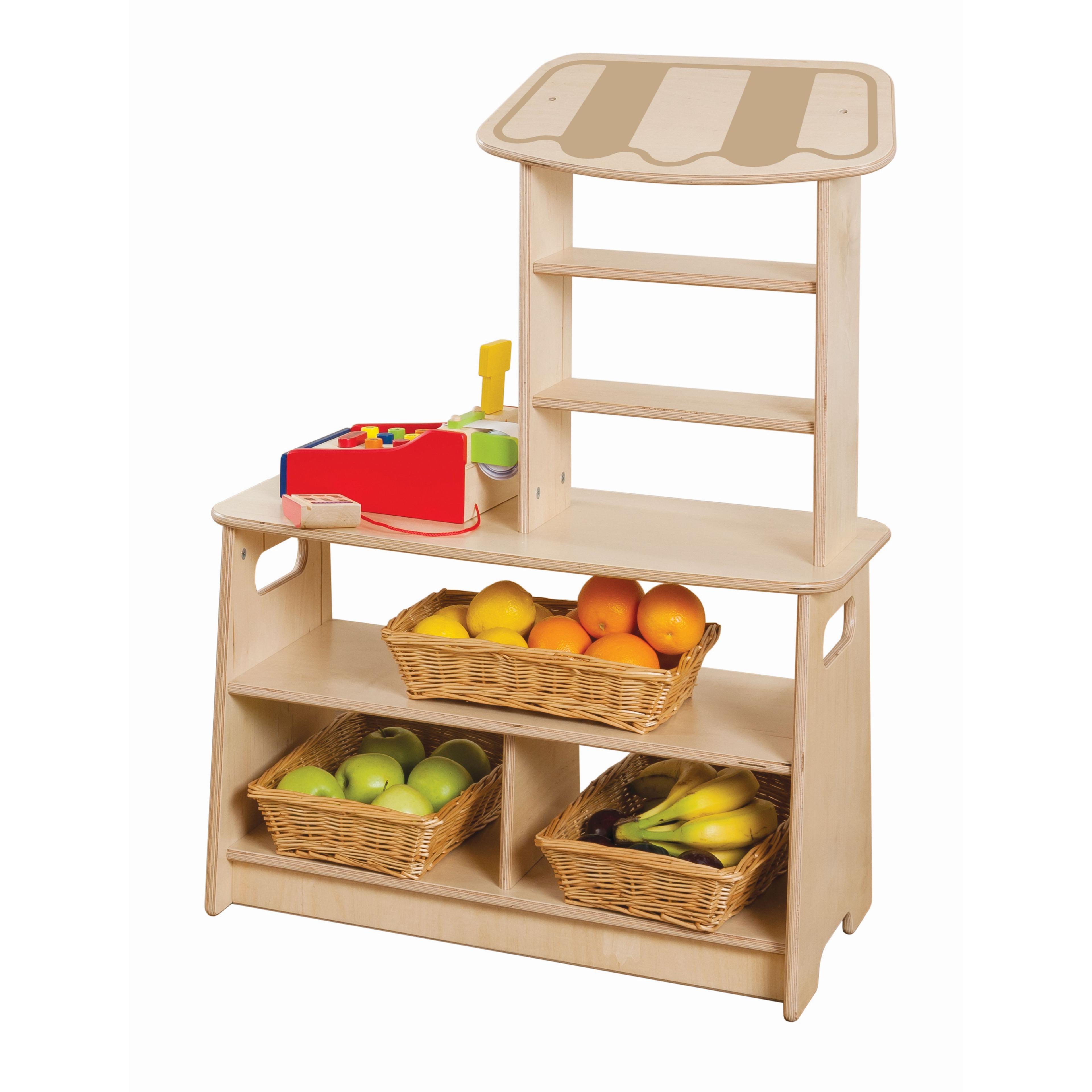 A Natural Market Stall (H850mm) with a toy till and baskets of pretend fruit on its shelves, on a white background. 