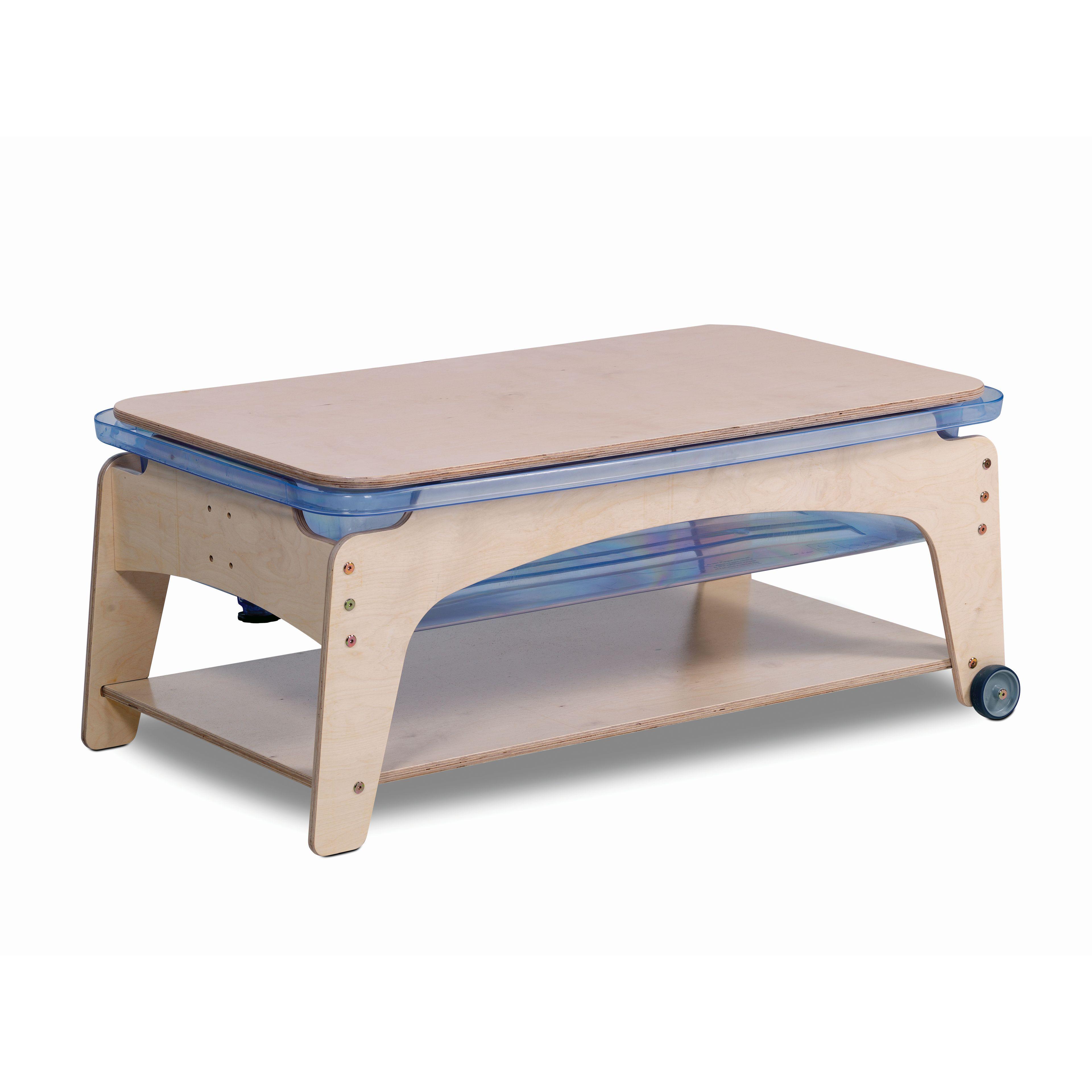 An empty Sand and Water table with a wooden cover, on a white background.