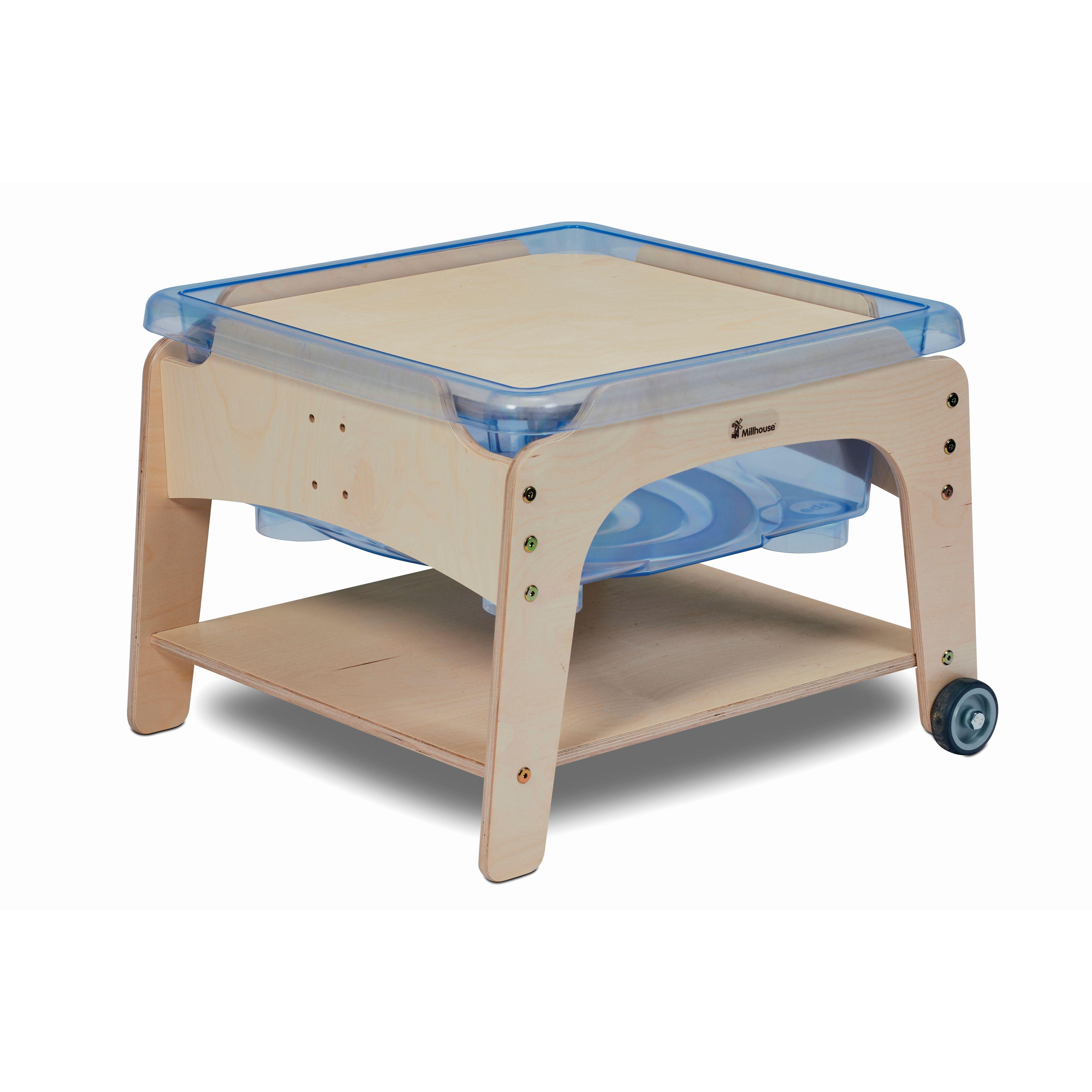 An empty Mini Sand and Water Station made from wood and on wheels.
