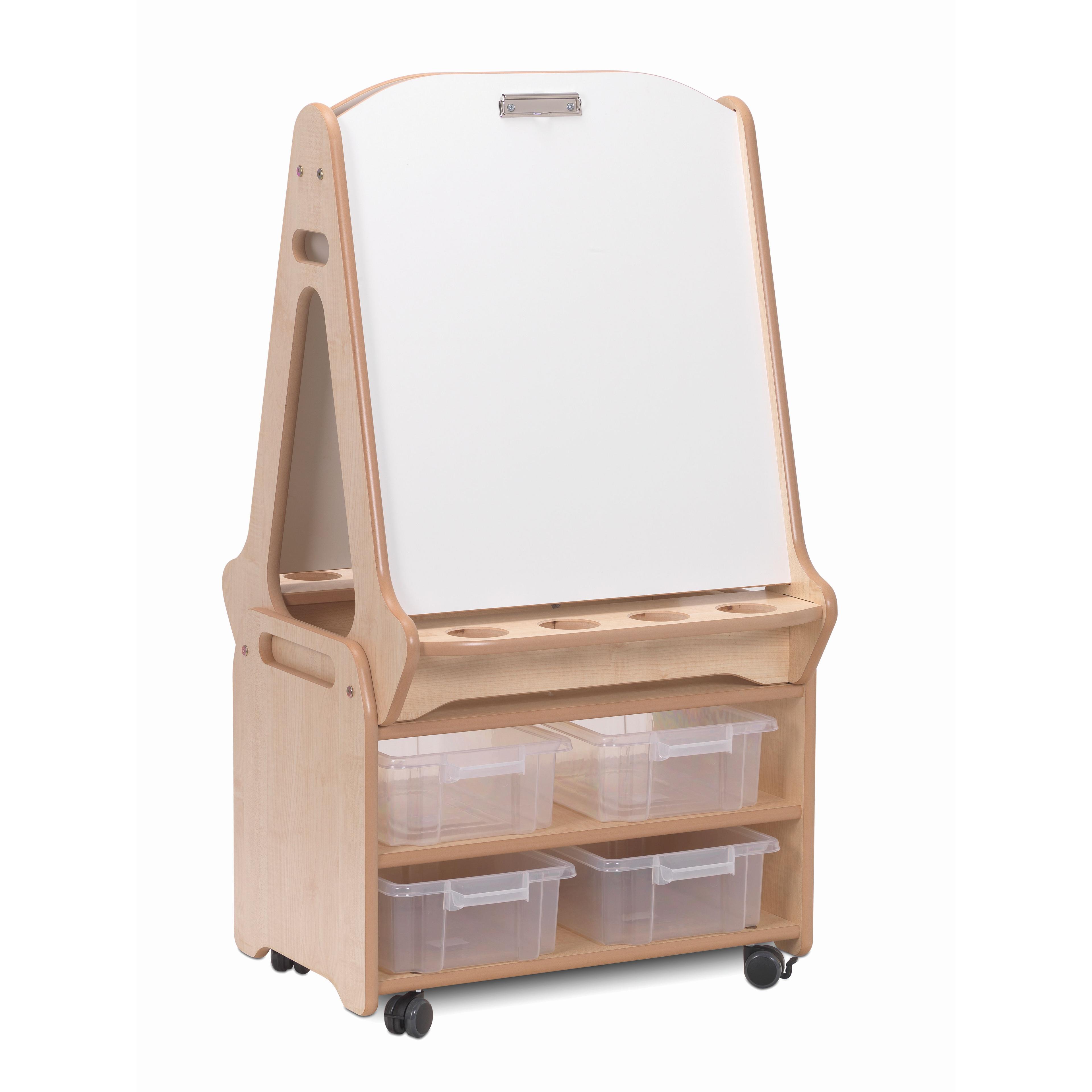 A Double-sided 2 Station Whiteboard Easel with Tall Storage Trolley, with a white background. 