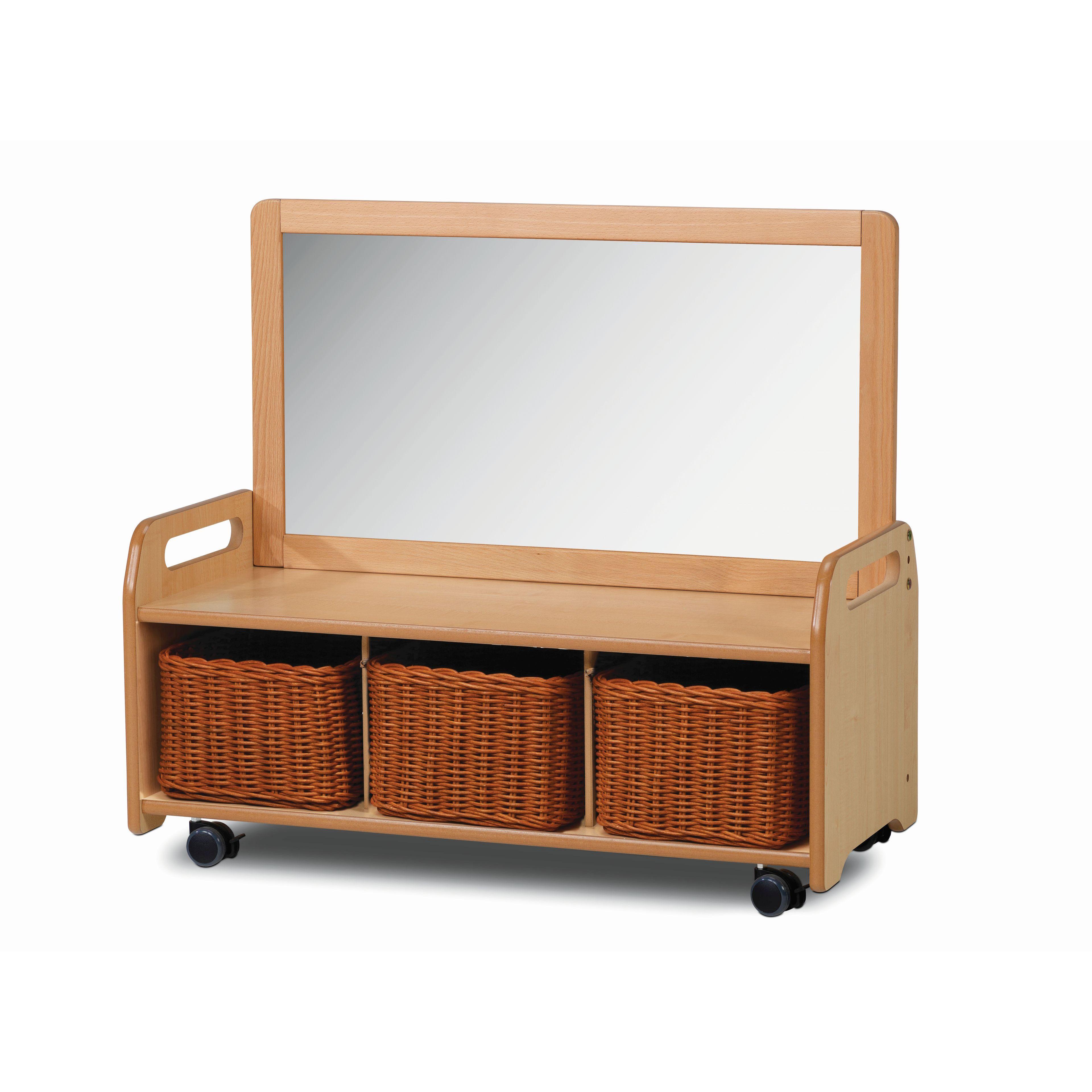 A Mobile Mirror Storage Unit with 3 Baskets, with a white background. 