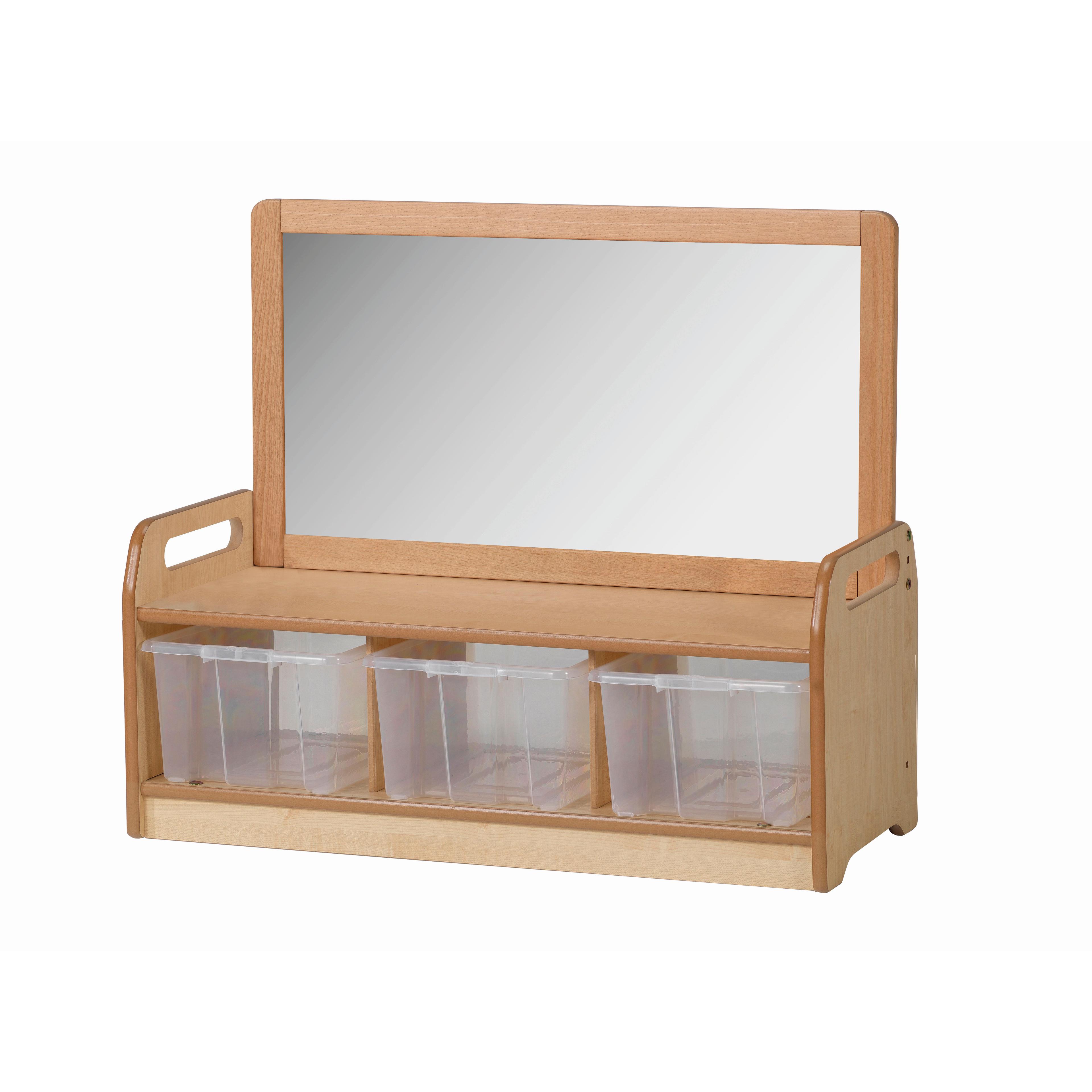 A Low Mirror Storage Unit with 3 Clear Tubs, with a white background. 