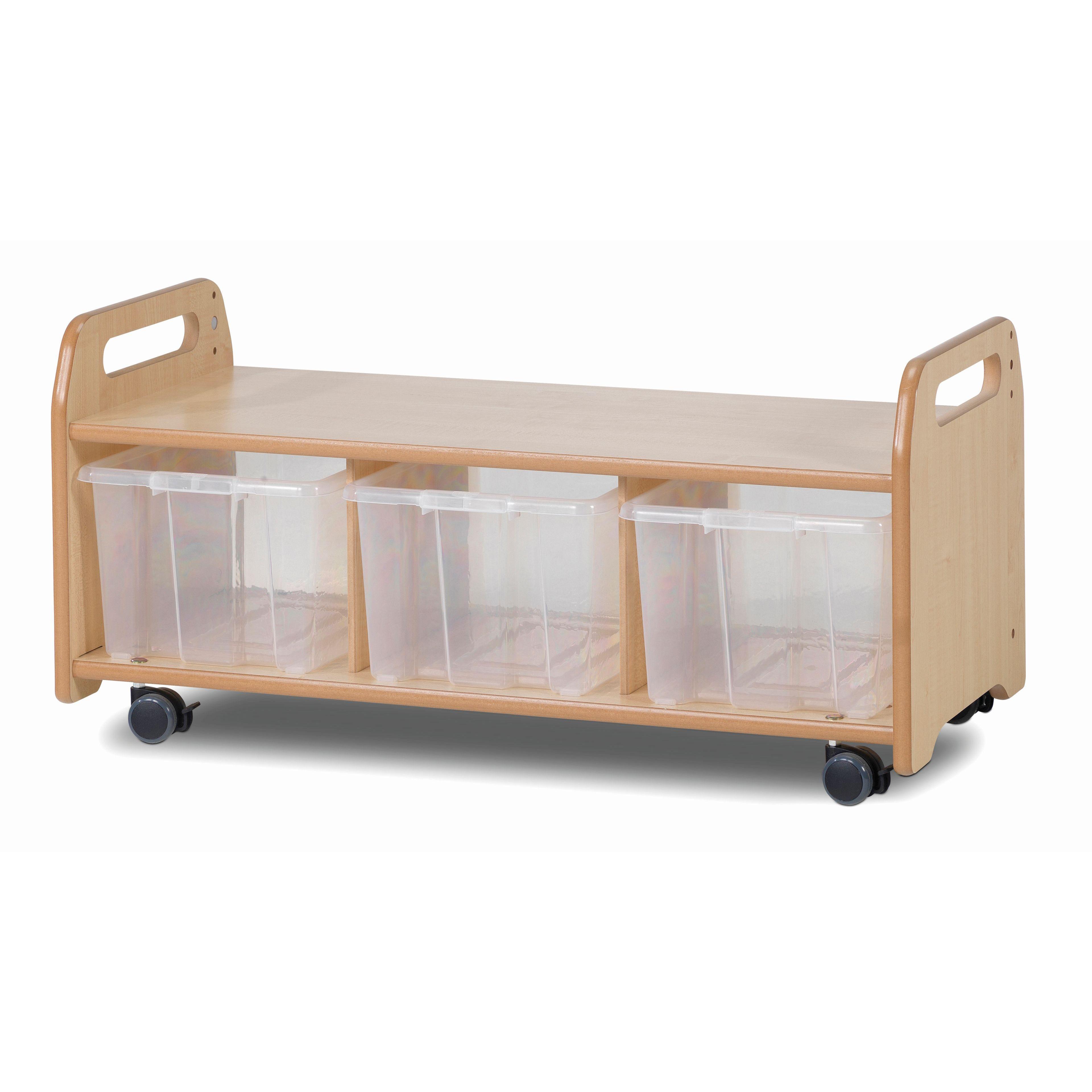 An empty Mobile Low Level Unit with 3 Clear Tubs on a white background.