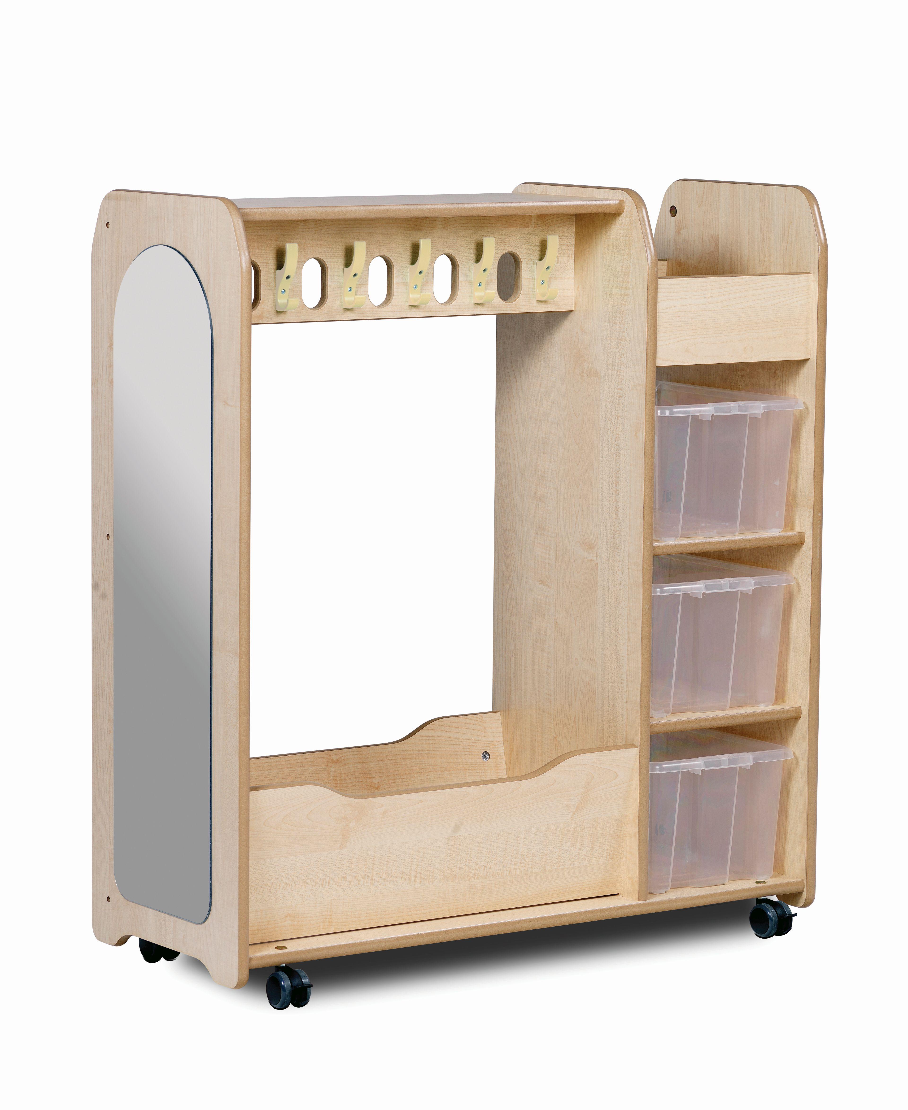 The front of a wooden double sided creative unit, with shelves and clear plastic tubs for storage.