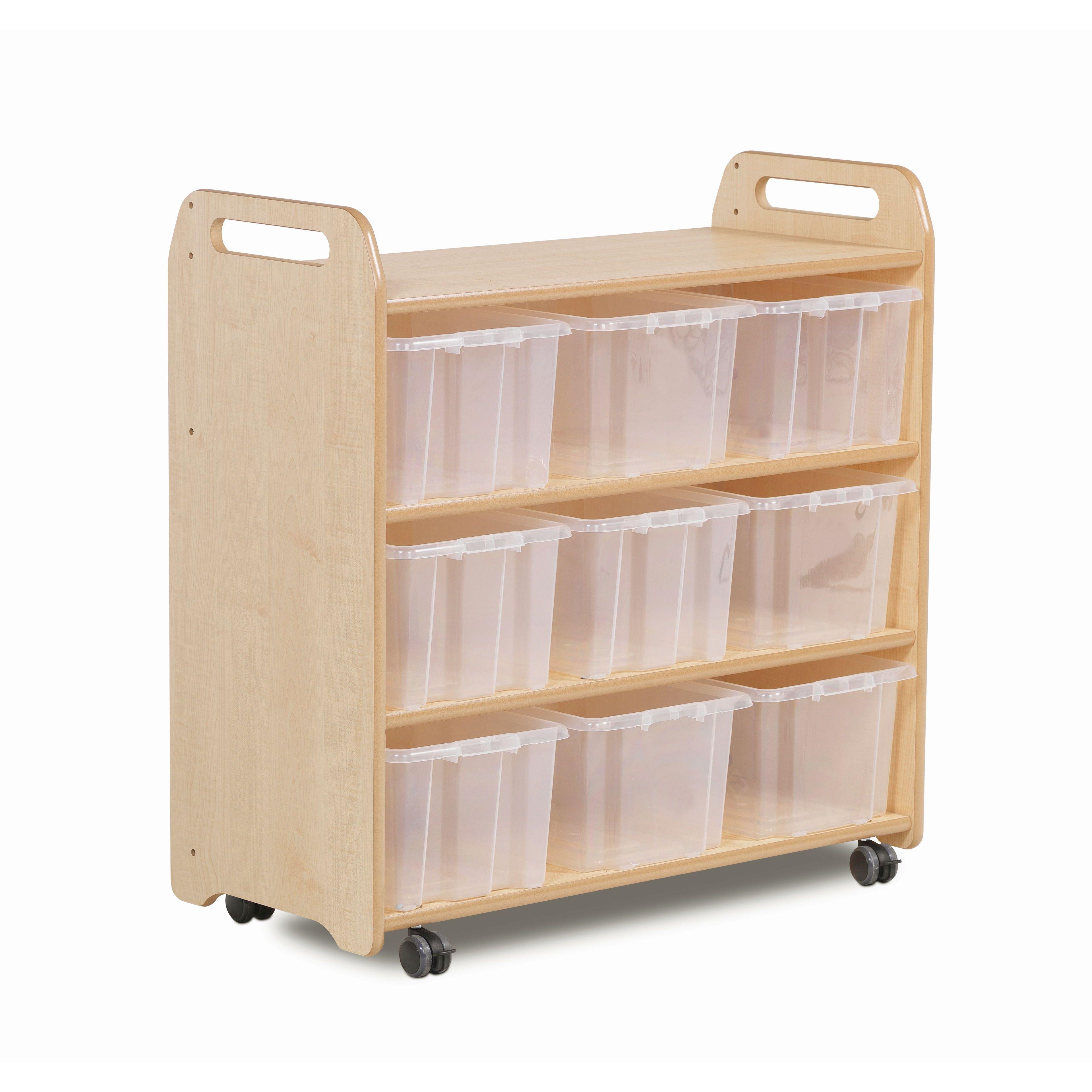 The Mobile Shelf with Mirror Back and 9 Clear Tubs, with a white background.