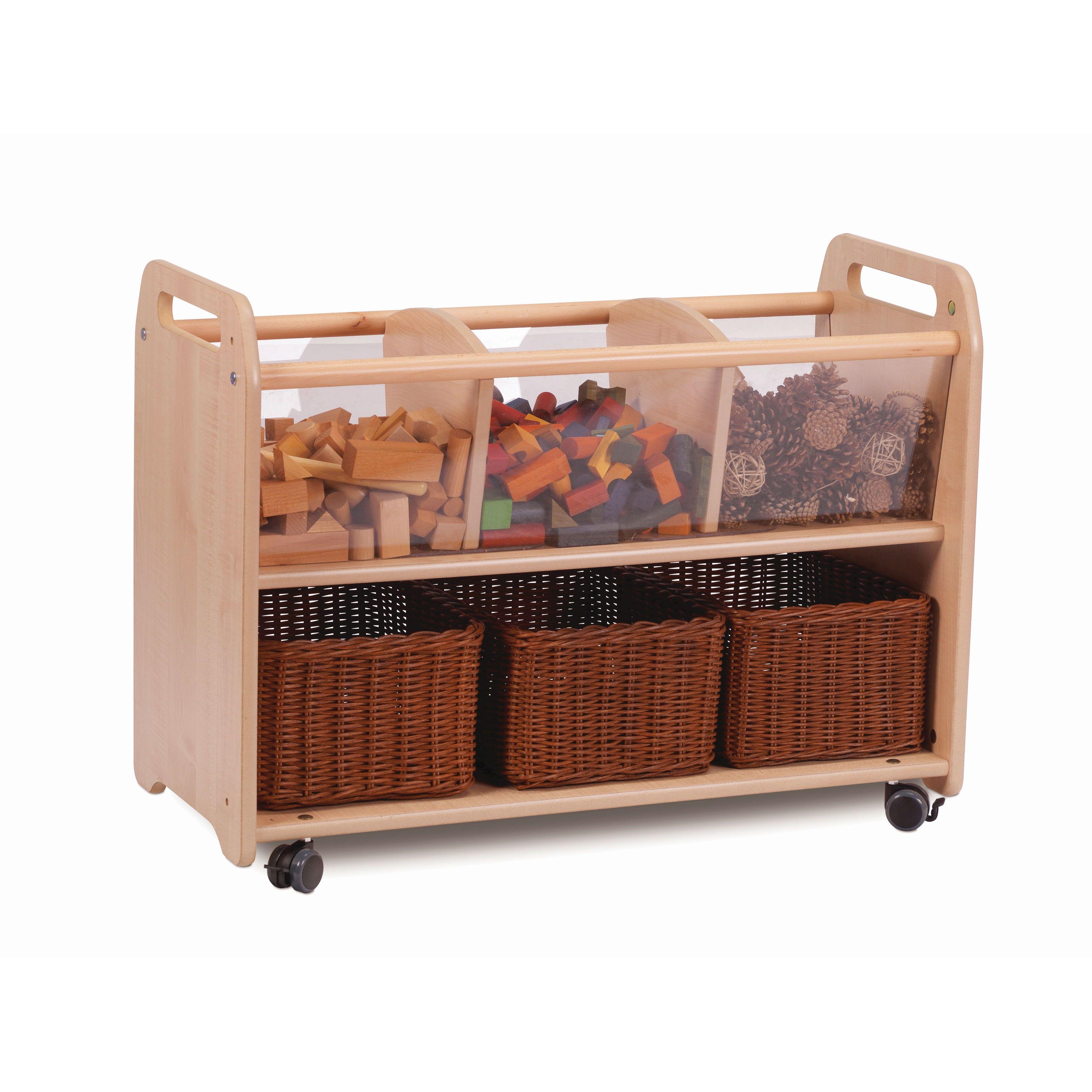 A Mobile Clear View Storage Unit with 3 Baskets, the top of the unit if full with different learning resources.