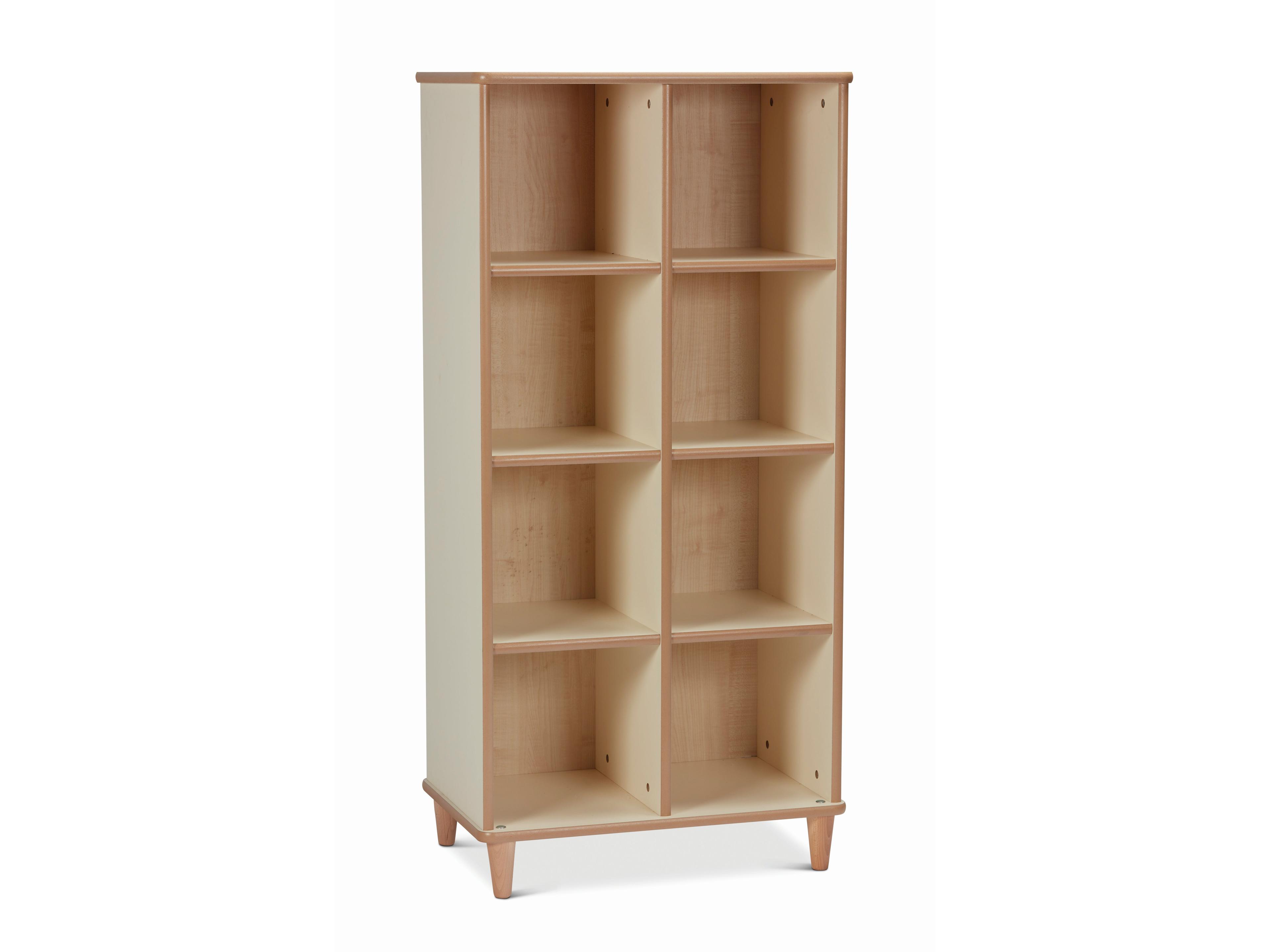 millhouse wooden tall storage unit with eight cubed compartments and wooden legs