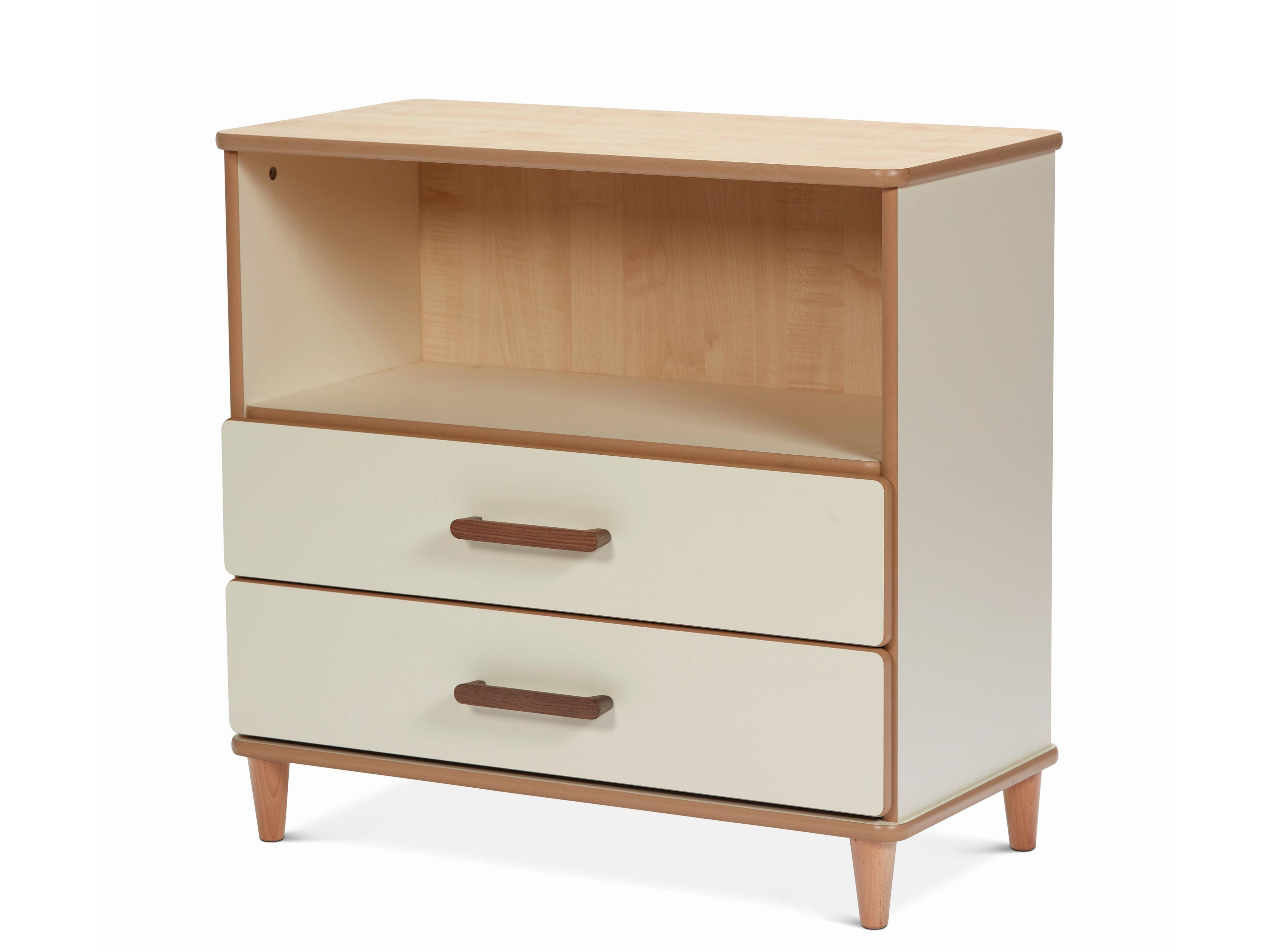 millhouse wooden storage unit with white with wooden details, two drawers, and wooden legs