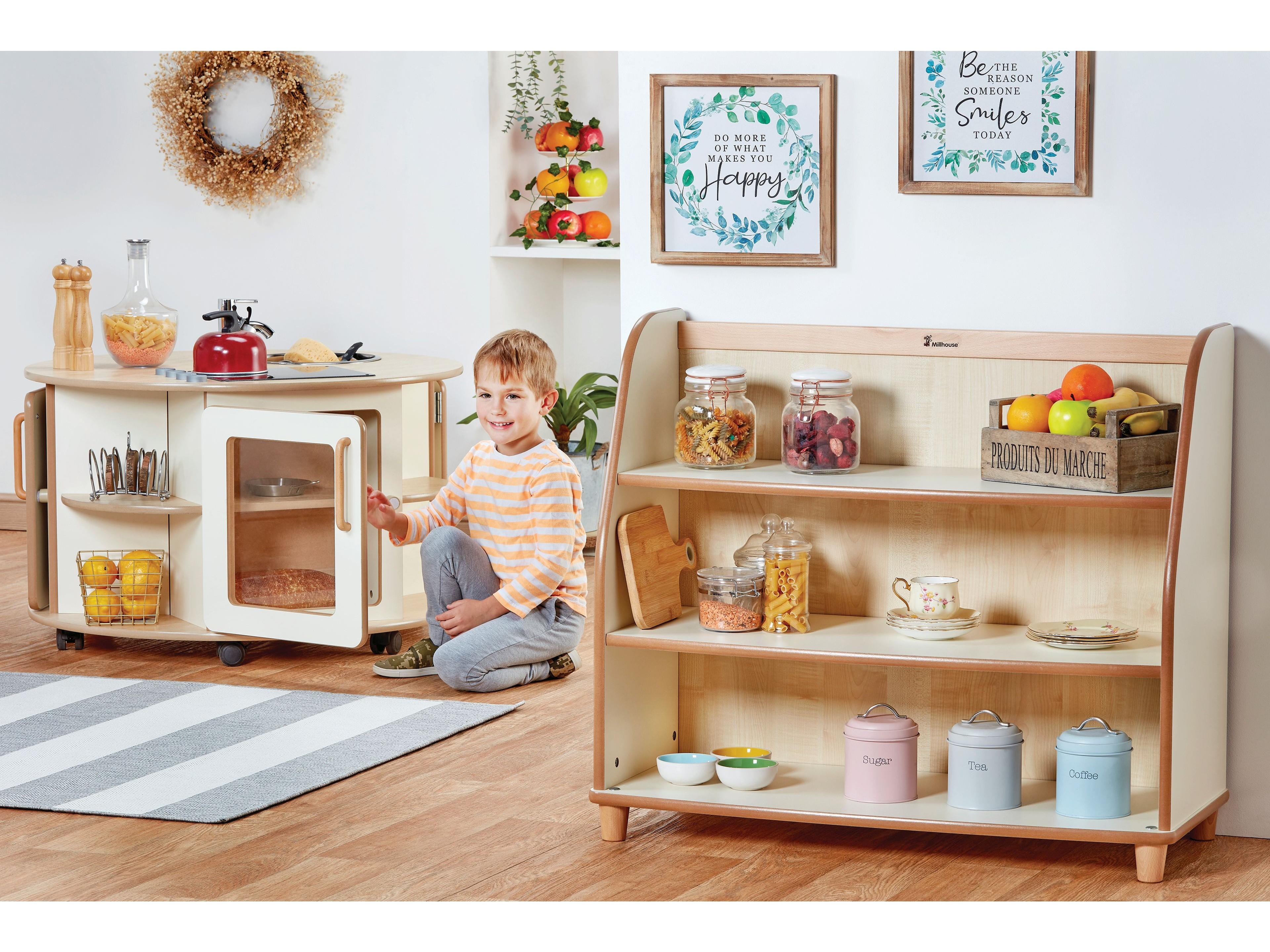 millhouse shelf unit on legs in a role play corner of the nursery room