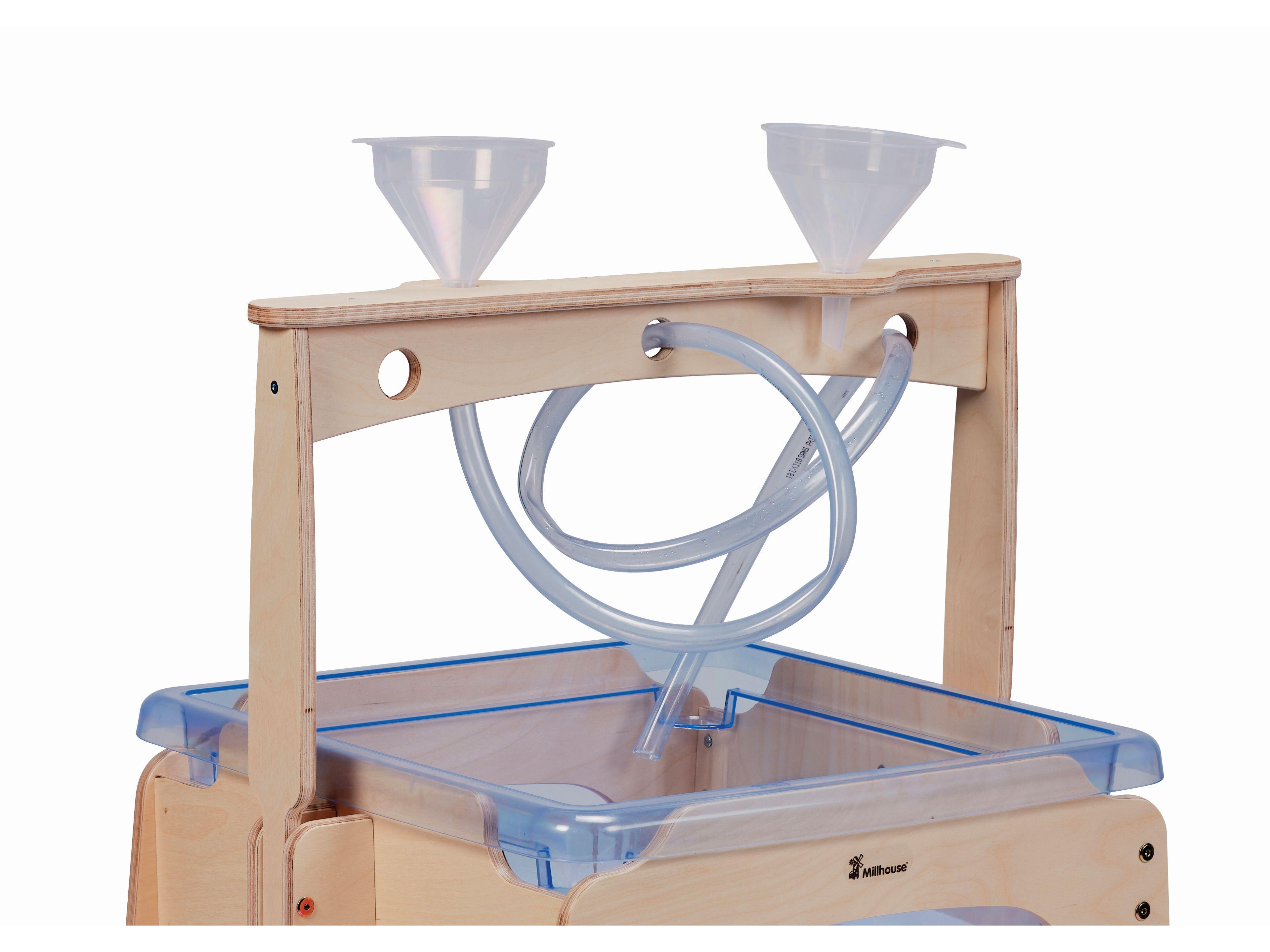 millhouse water play add on unit with two funnels and plastic tubes attaching to the main unit