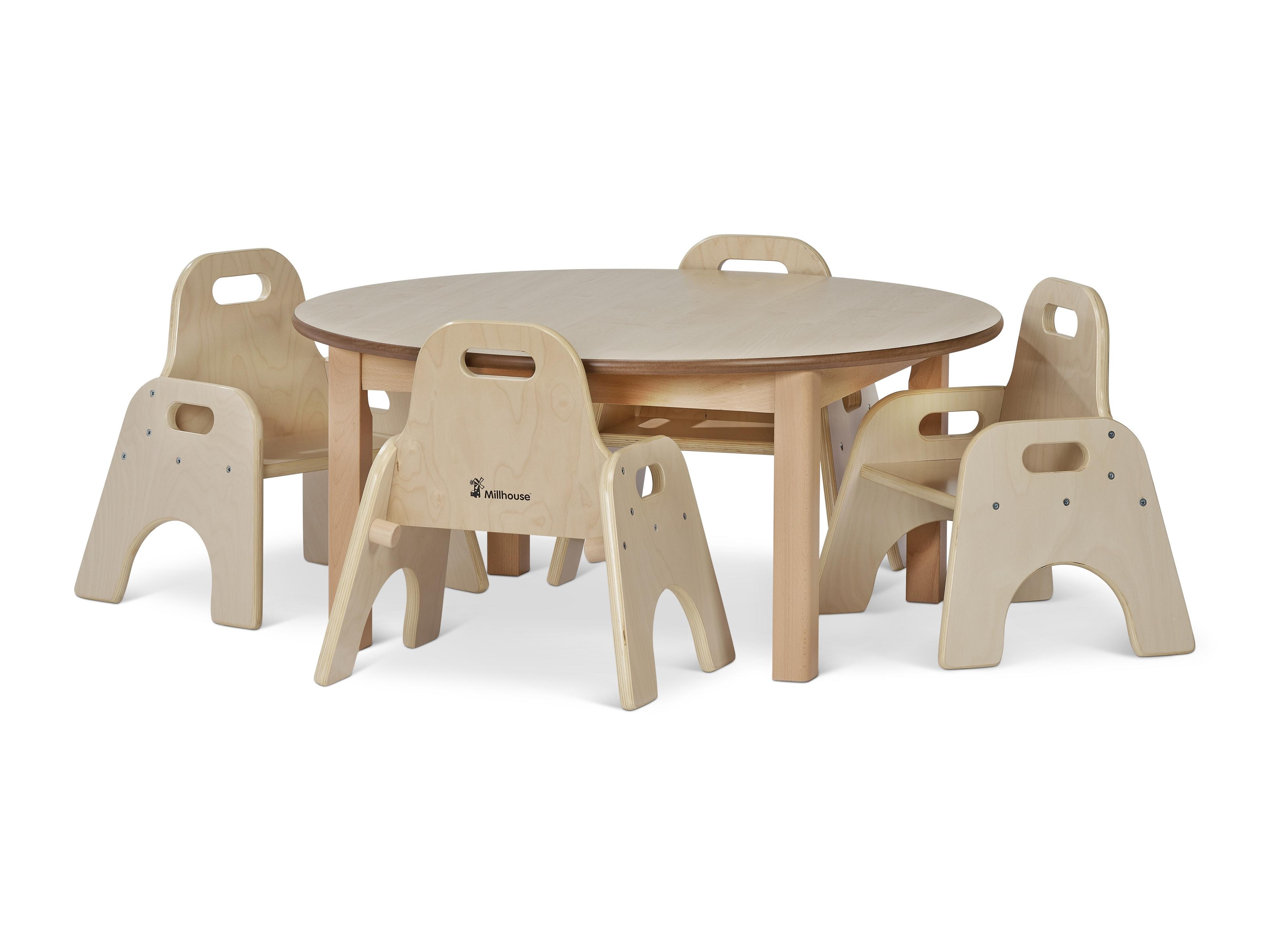 millhouse circluar low table for toddlers with four wooden chairs