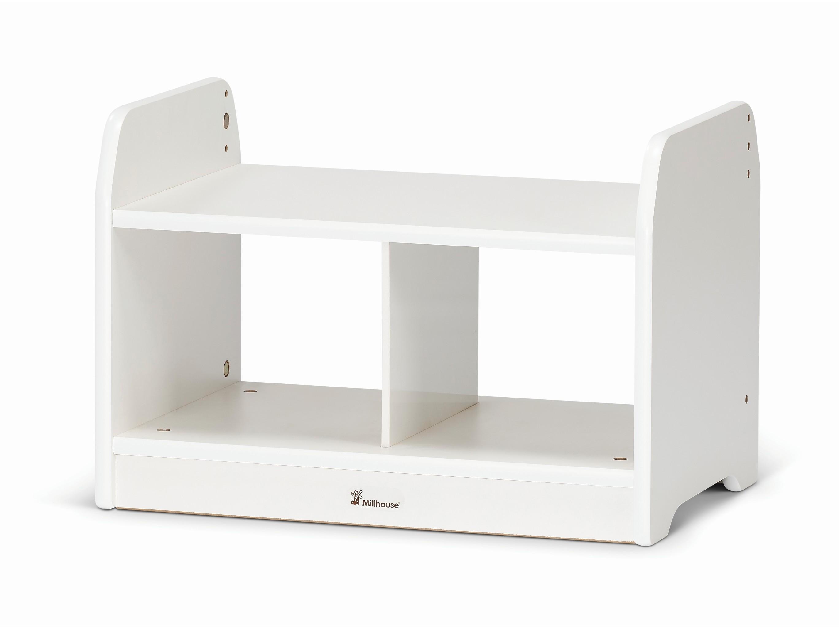 millhouse white cube storage with two empty spaces for baskets and a millhouse logo