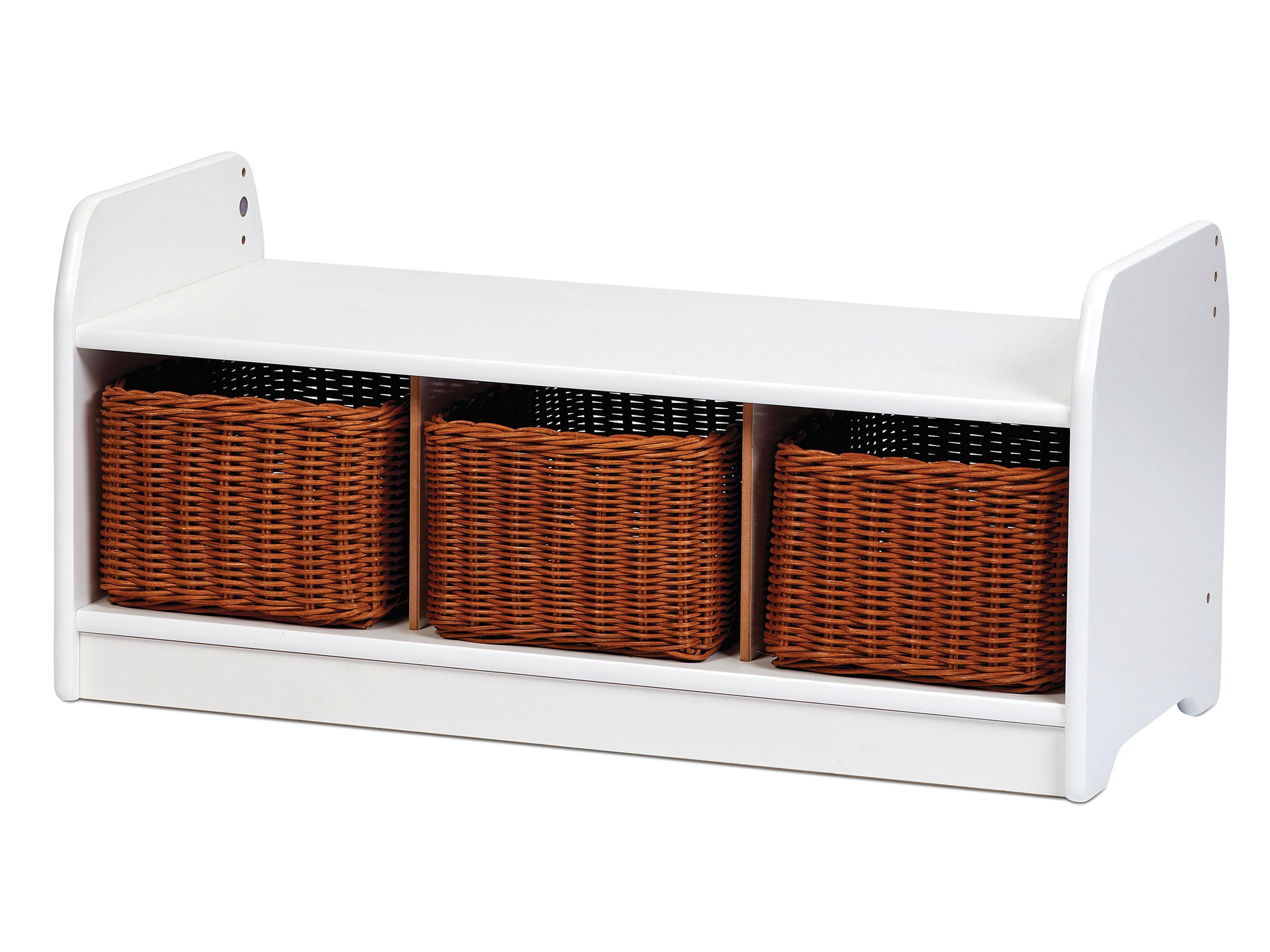 millhouse white low bench unit with three brown rattan baskets within