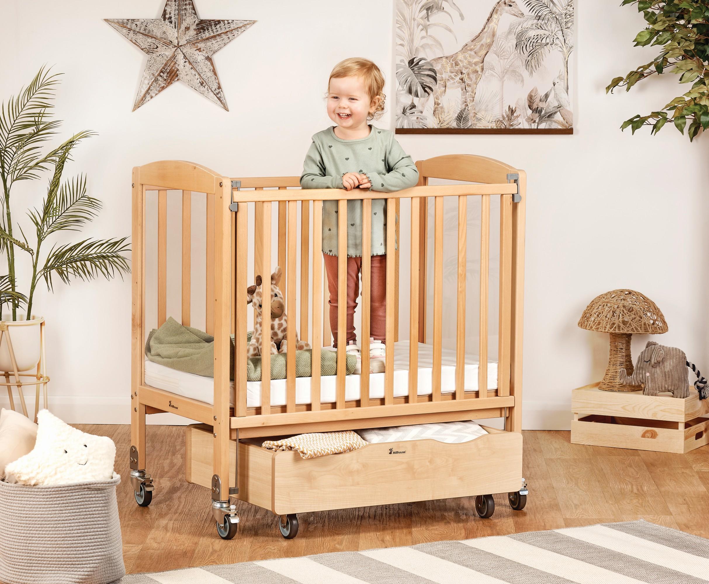 Storage box that fits under a bed. Can hold toys or bedding. Easy for children to reach.