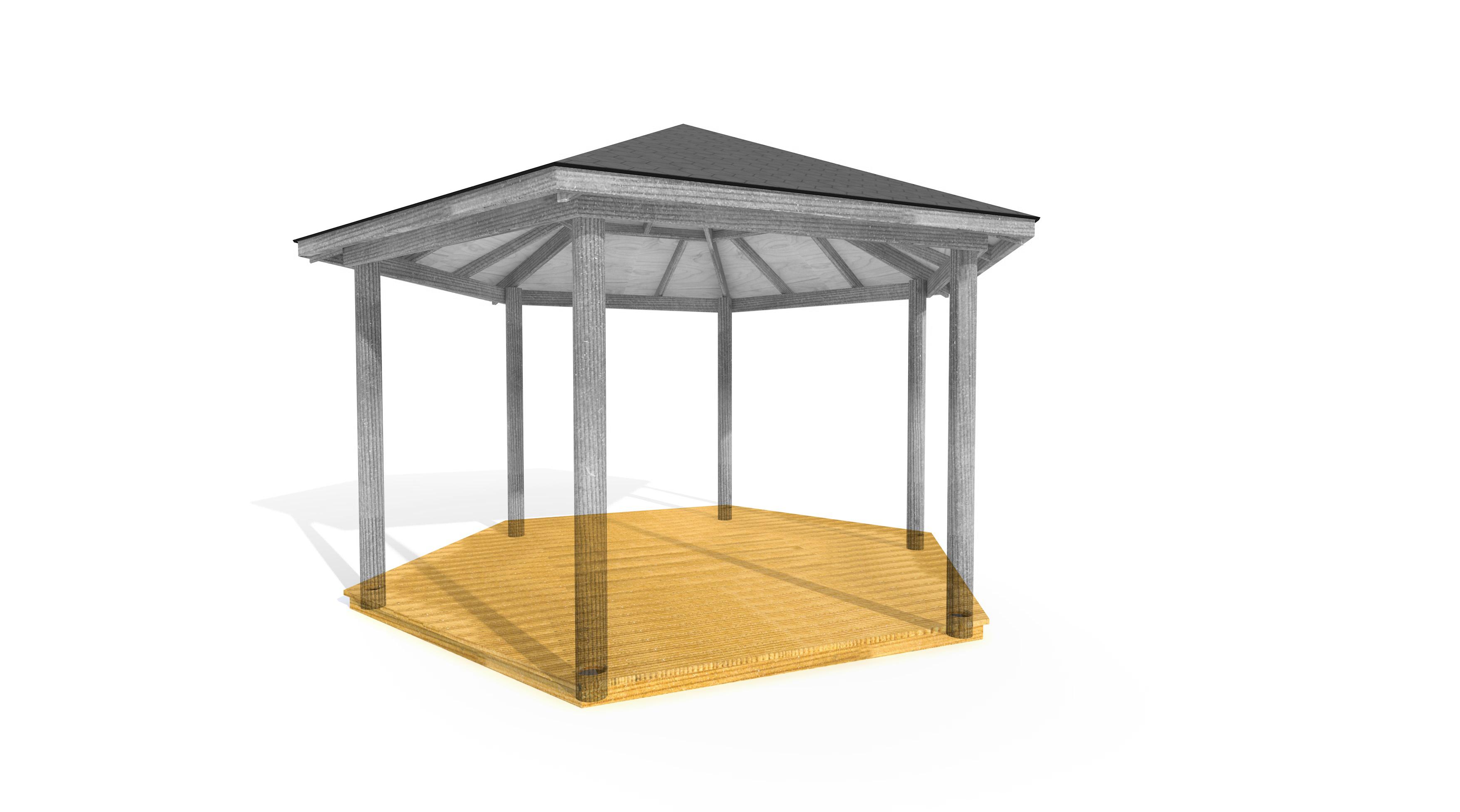 A 3d image showing the decked base of the Sensory 5M Hexagonal Gazebo