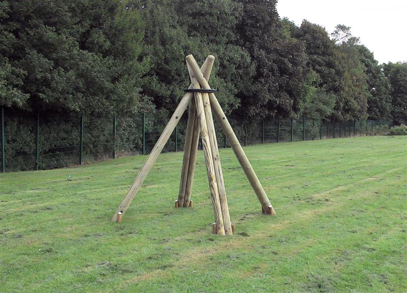 Wigwam poles installed into the middle of a freshly cut field, surrounded by large trees. 