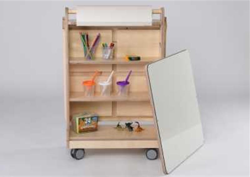 Close up image of an Art Easel showing the storage shelves being used with classroom resources 