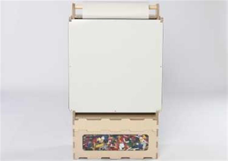 Art Easel with whiteboard side, stacked on top of a Stack and Sit bench which is filled with lego blocks within the storage space 