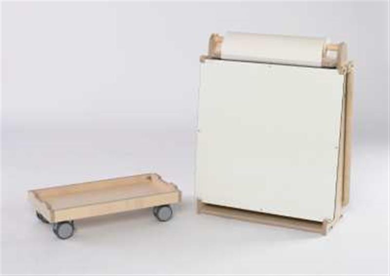 Art Easel with whiteboard side showing next to a moveable dolly which it can stack on top of for extra height and easy moving around a classroom 