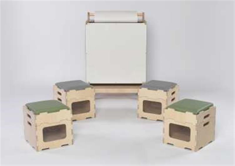 Stack and Sit package showing four stools with sage green and grey cushions, and an Art Easel with whiteboard top 