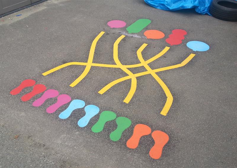 5 pairs of footprints can be seen in a horizontal line from each other. Each pair of footprints is a different colour, with yellow lines drawn from them to a shape. There are 5 different shapes, in a horizontal line and facing parallel to the footprints.