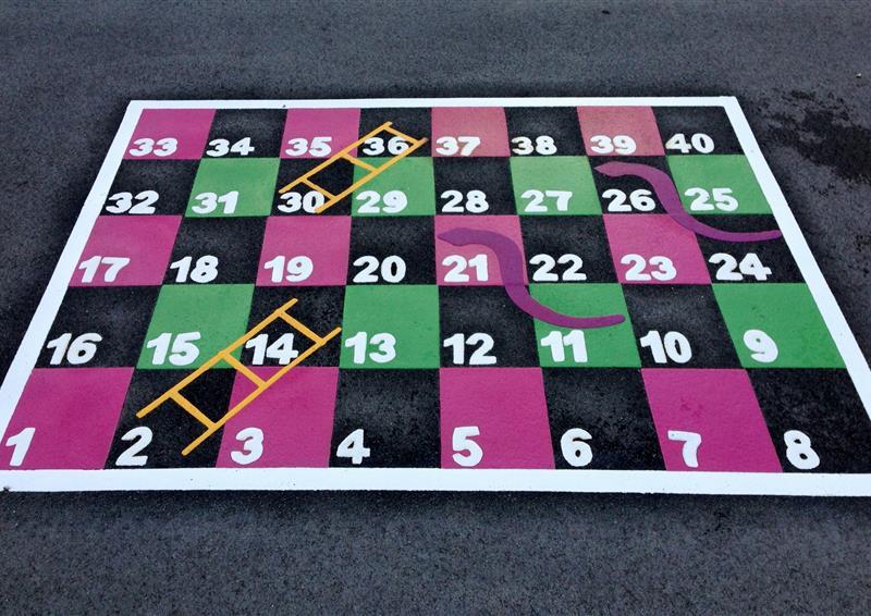 A rectangle with a snakes and ladders design, with numbers from 1-40. It is made of 4 colours, purple, green, black, and white. The ladders are yellow and the snakes are purple
