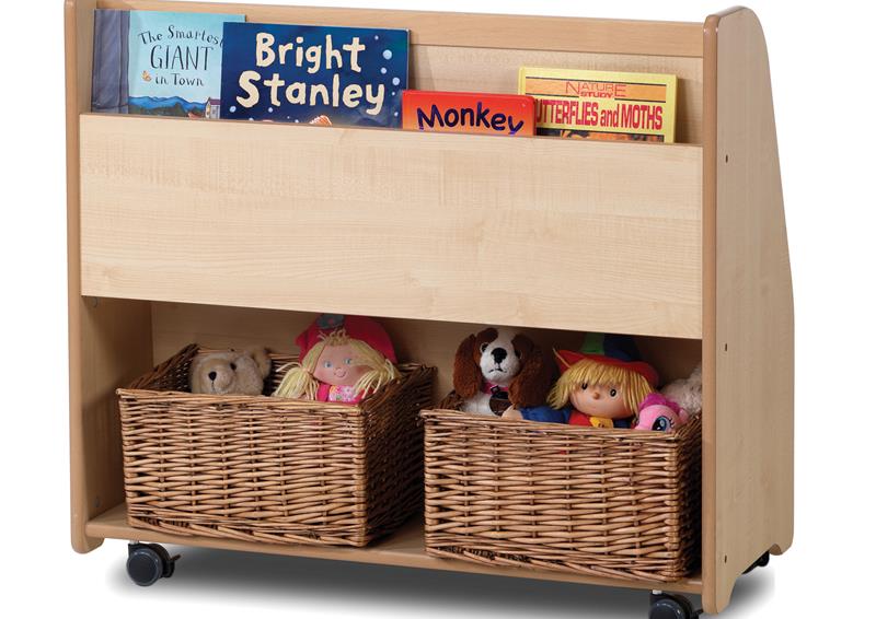 A wooden Mobile Tall Book Display with books in it, on a white background.