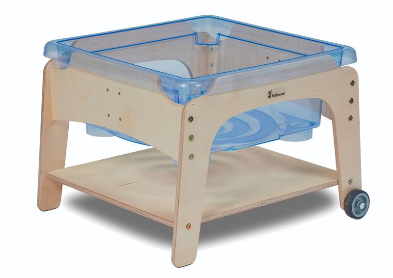 A Mini Sand and Water Station on wheels with a white background